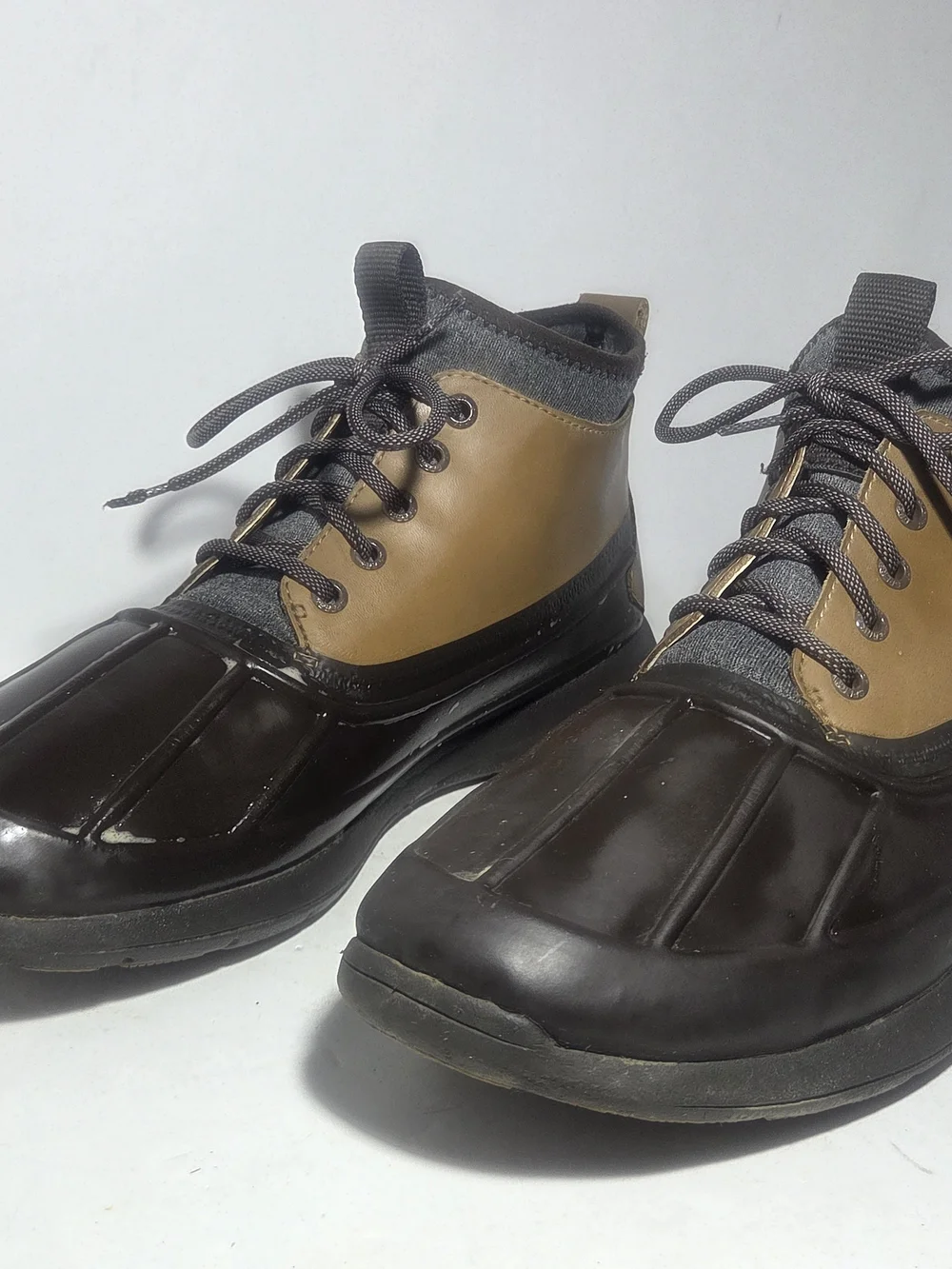 Sperry Mens Duck Boots 2-Tone  Brown Leather Waterproof Ankle Rain Boots Sz 11
